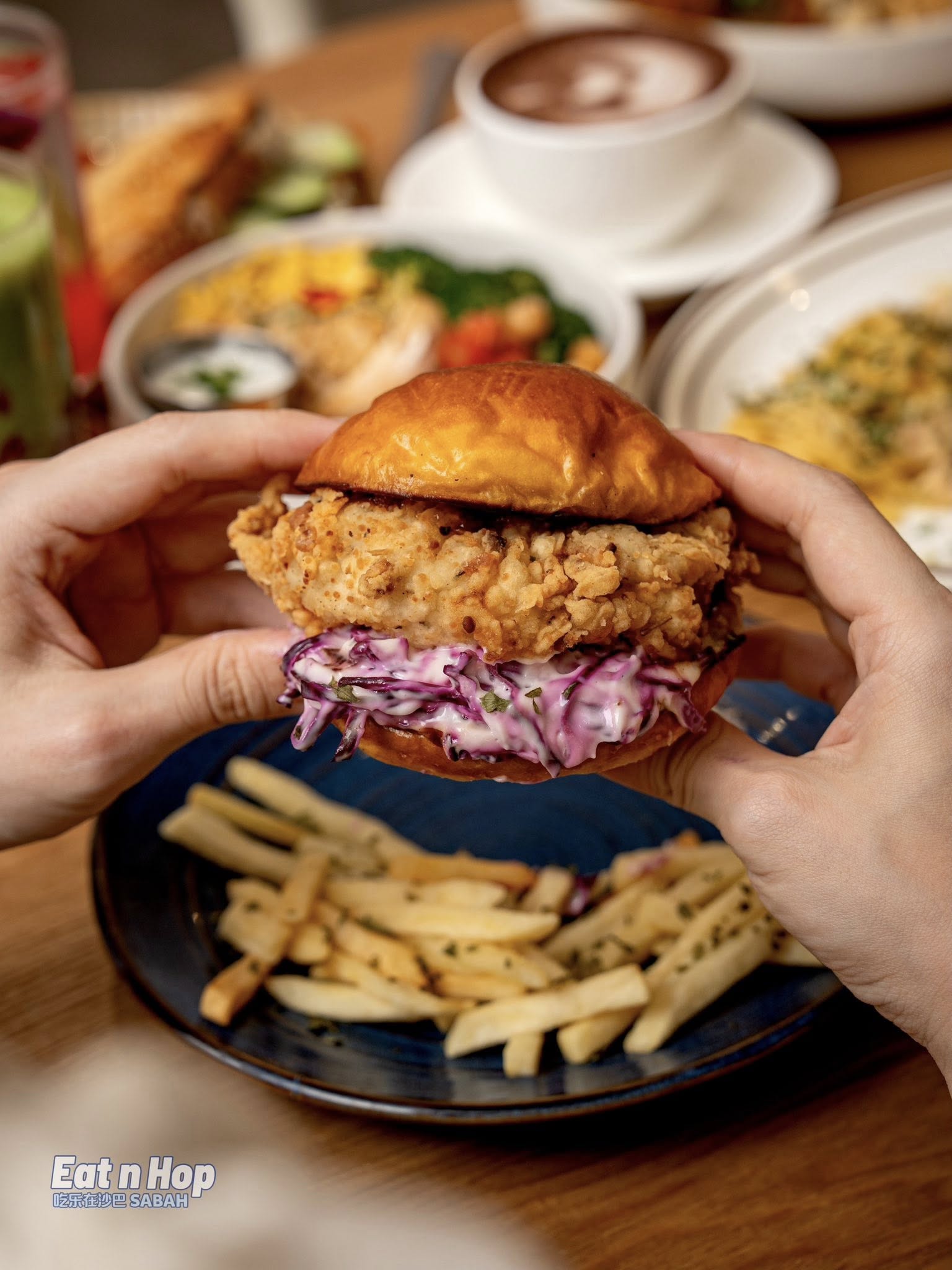 Crispy fried chicken burger with fries