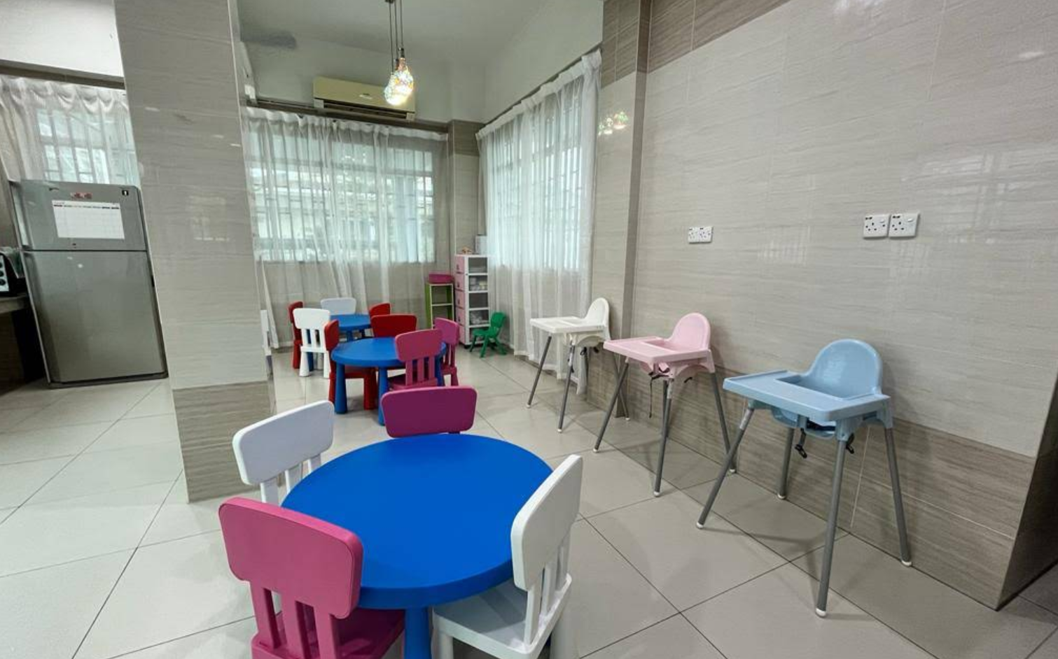 Dining and activity area with child-height tables