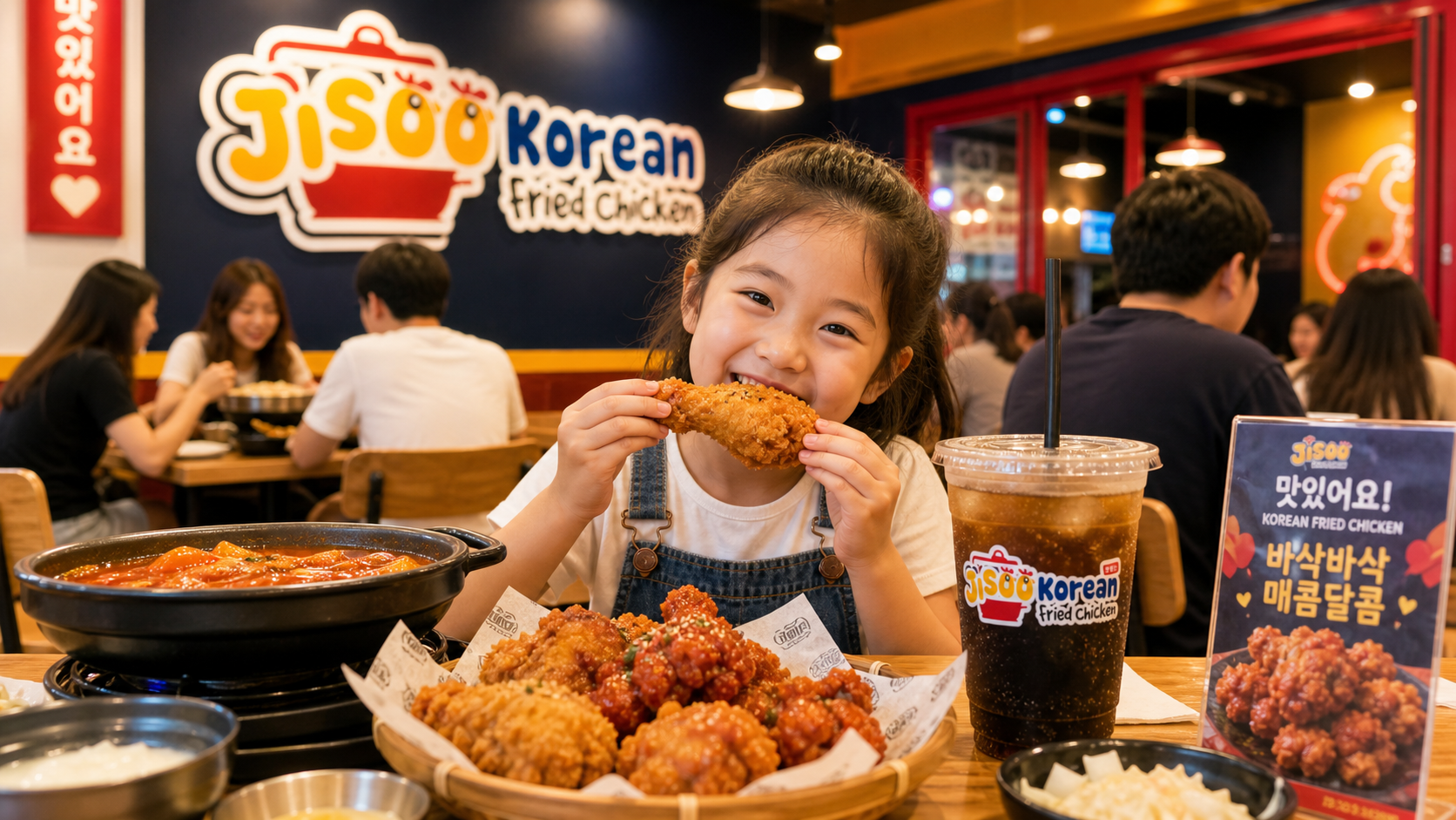 A happy young girl eating a crispy Jisoo Korean fried chicken drumstick in a warm restaurant