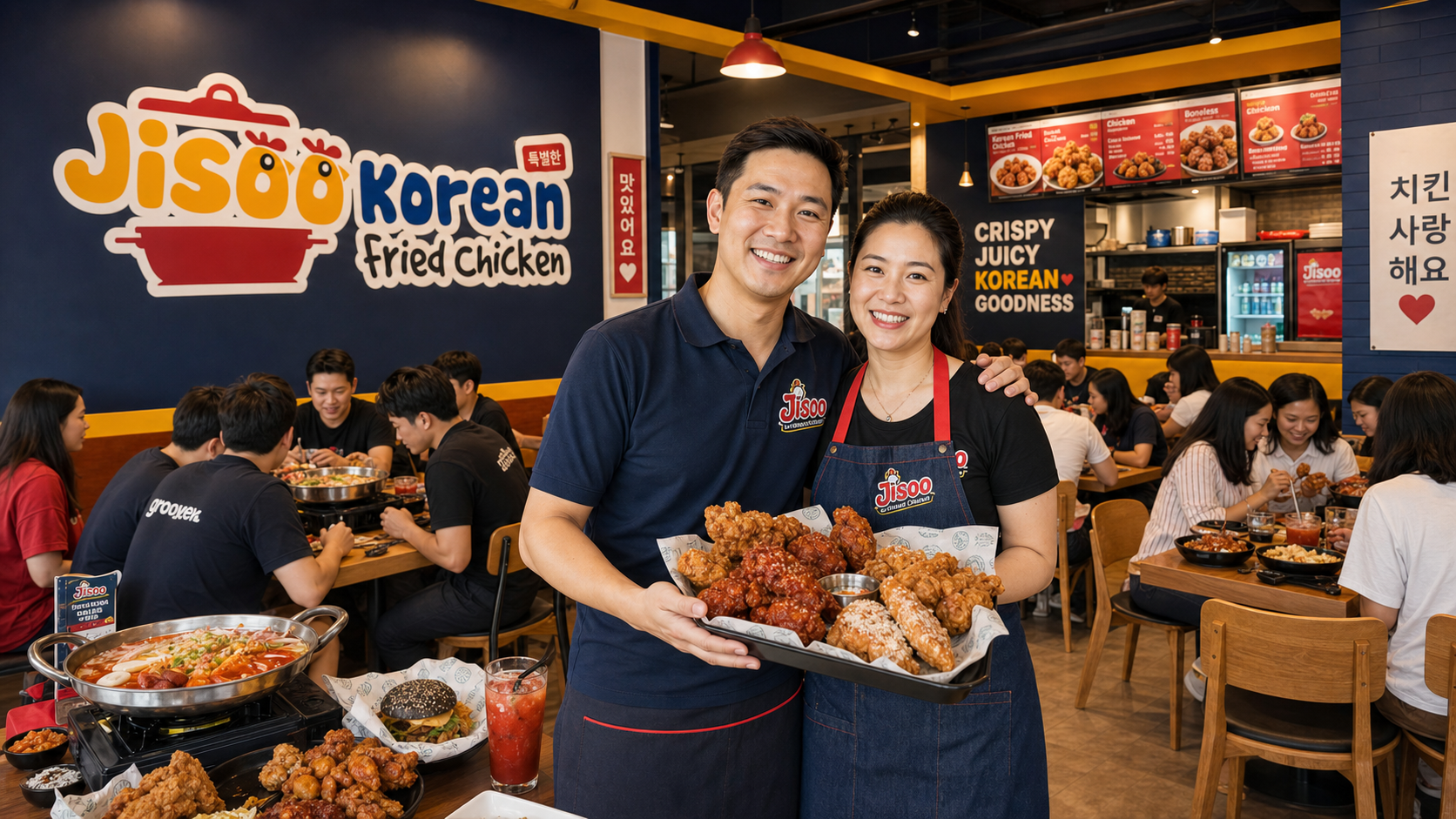 Jisoo outlet owners smiling inside the bright Korean fried chicken restaurant
