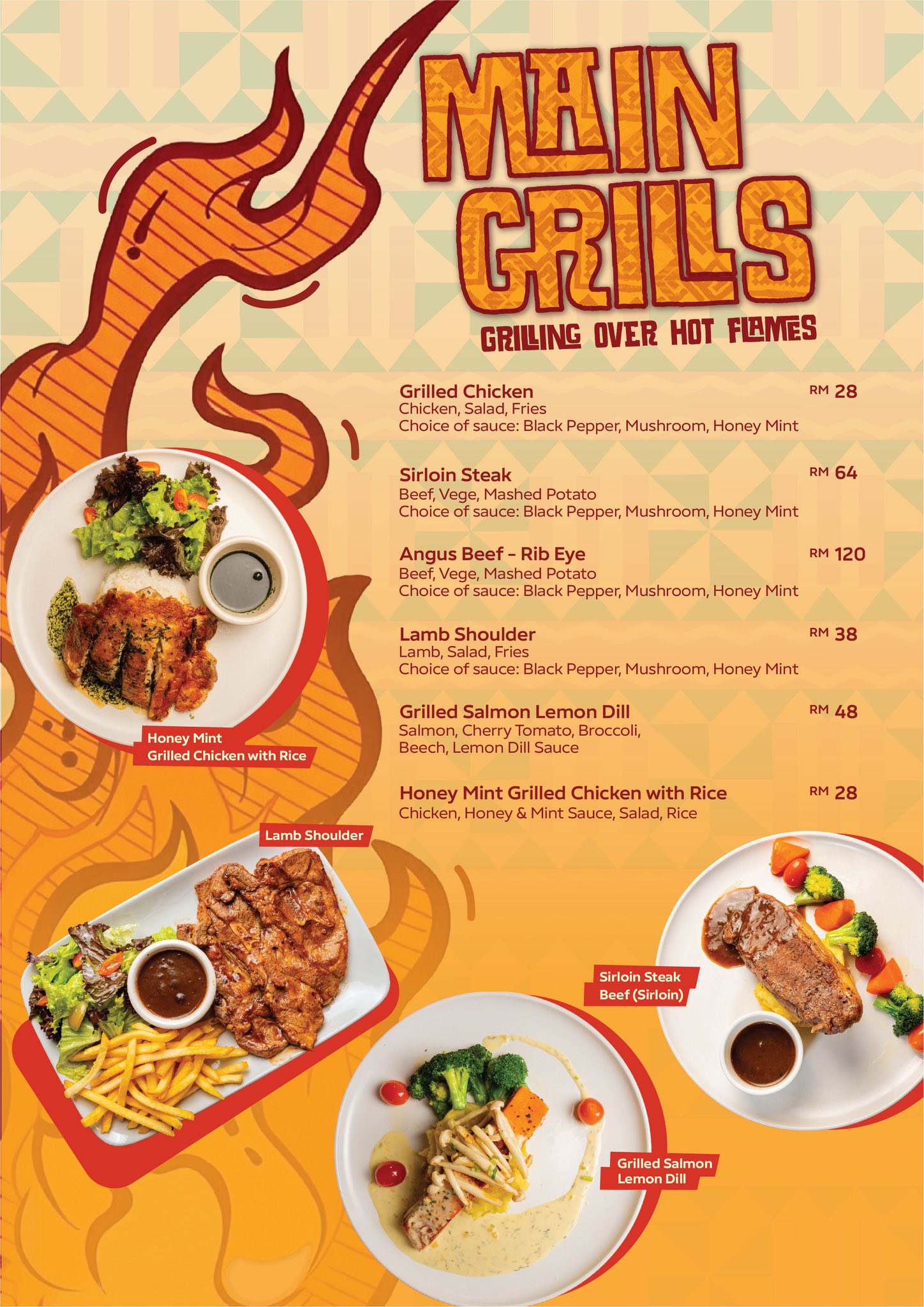 Main Grills menu — Grilled Chicken, Sirloin, Lamb